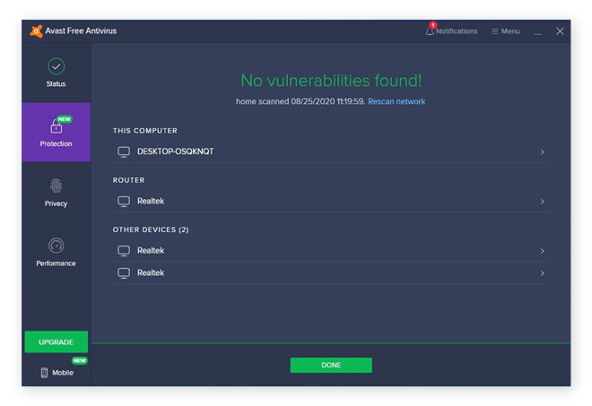 Checking a Wi-Fi network with the Wi-Fi Inspector tool in Avast Free Antivirus
