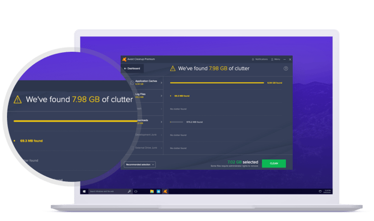 Avast Cleanup's built-in browser cleaner tool cleans up your browser and fixes any problems.