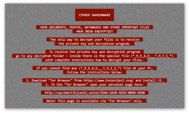 A ransom note shown by Cerber Ransomware