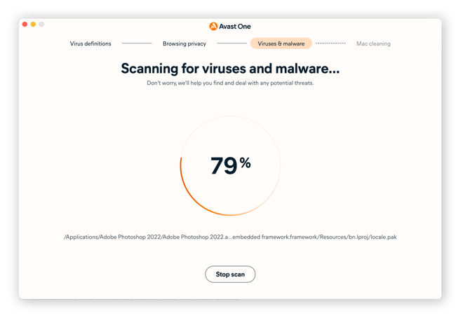 Scanning for computer viruses with Avast One.