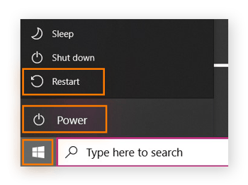 Windows button and power buttons highlighted on Windows 10
