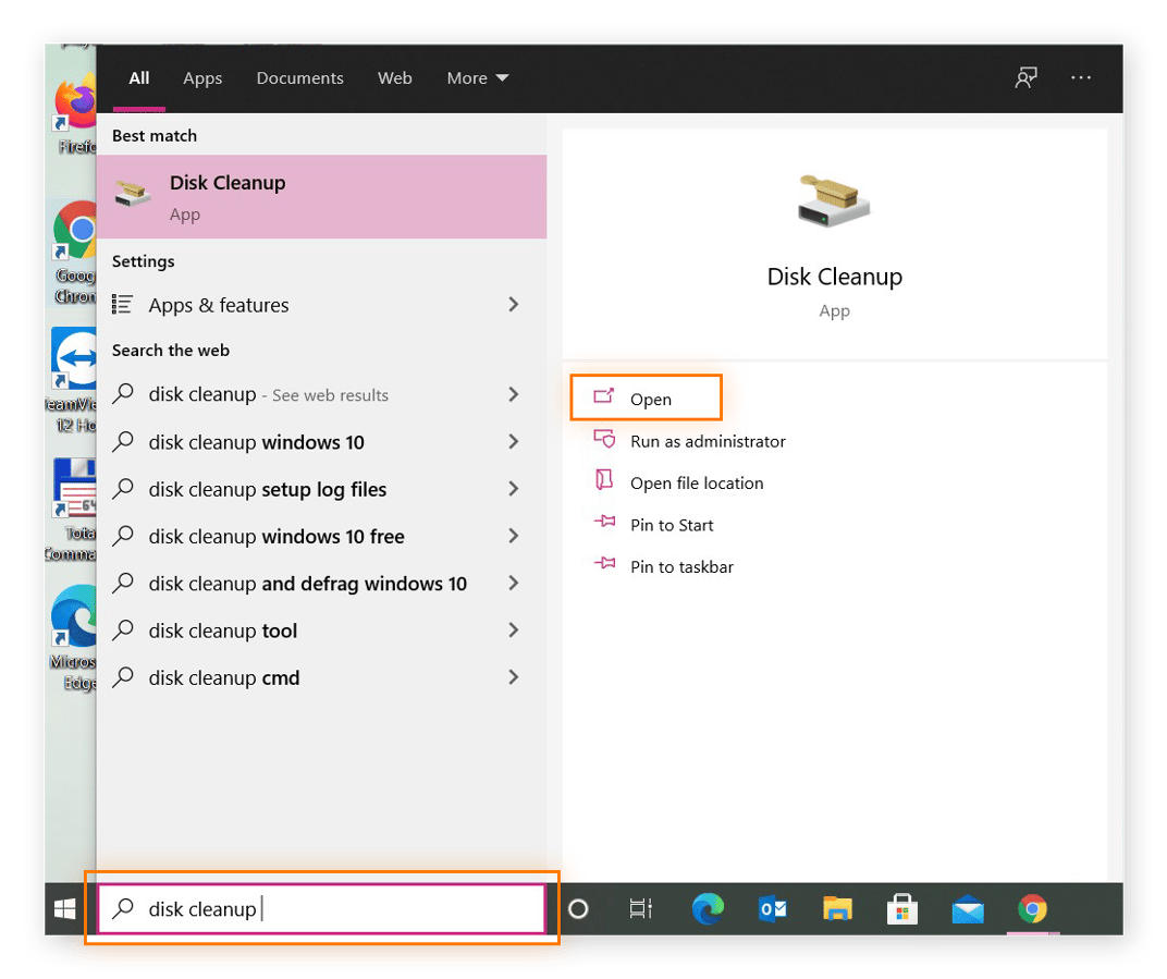 Windows search box with "disk clean up" and the results.
