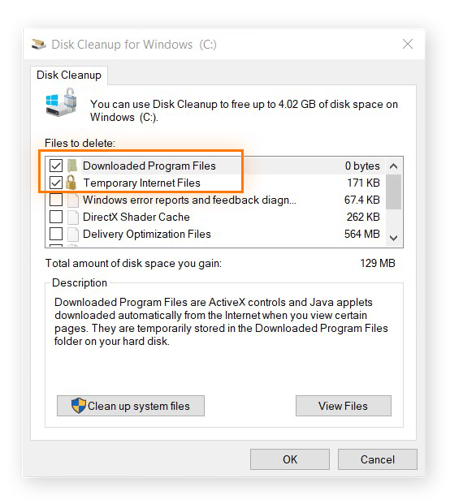  Función Liberador de espacio en disco para Windows abierta. Configurado para eliminar: Archivos de programa y archivos temporales descargados