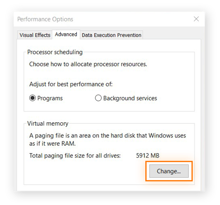 Performance Options in Windows 10 with the Change button highlighted in Virtual Memory.
