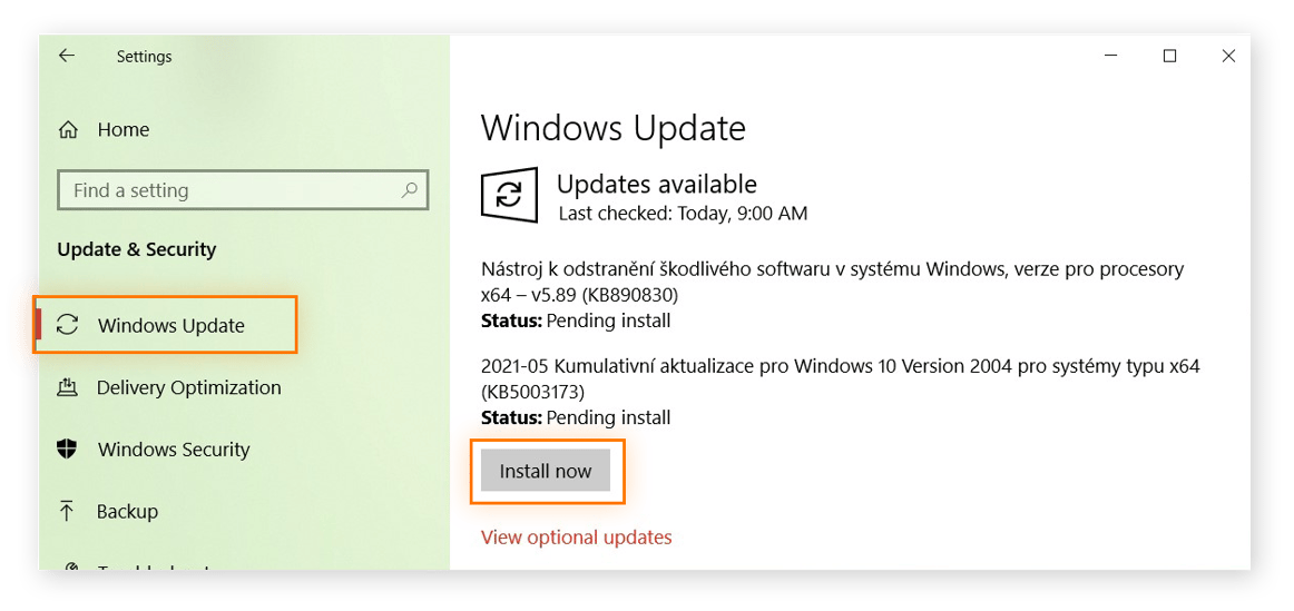 Update and Security menu on Windows 10 w/ Windows Update tab opened.