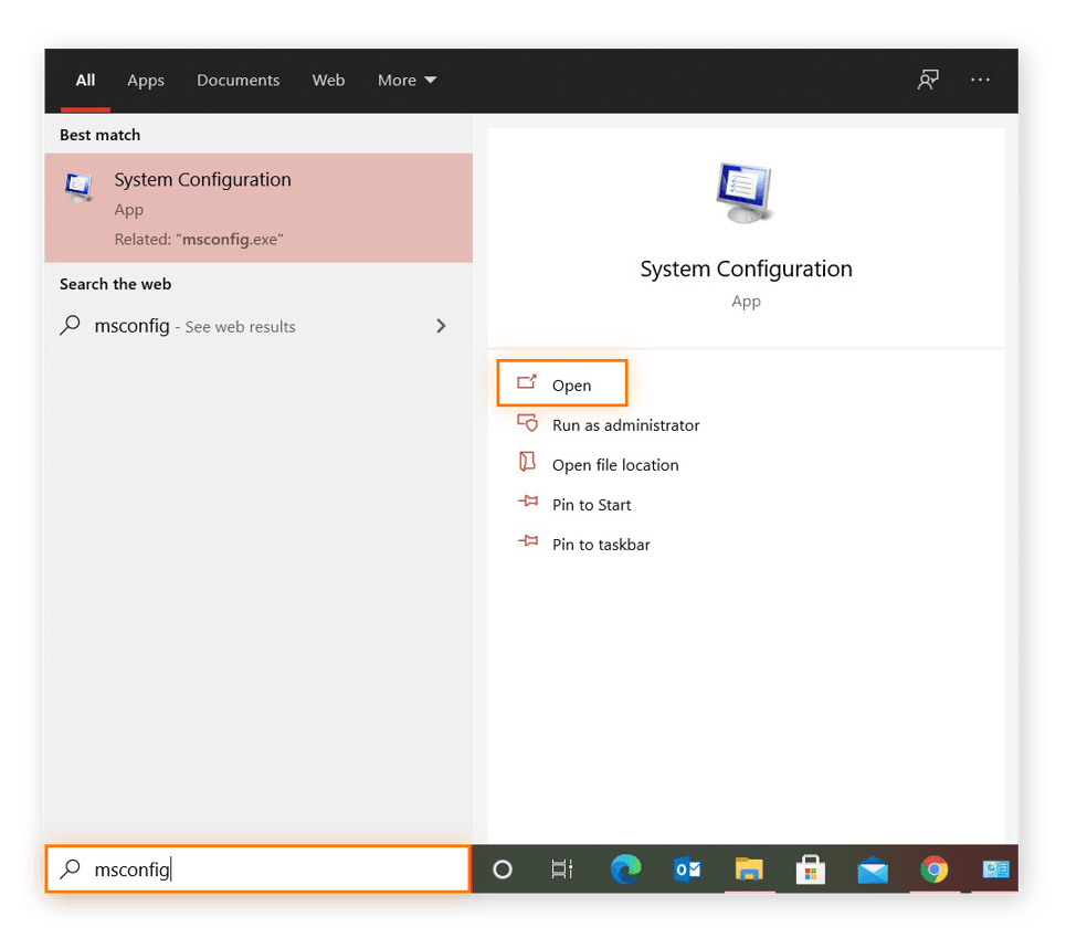 Windows 10 search tab with "Msconfig" typed with search results for System Configuration app