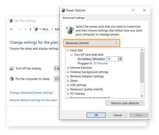 Advanced settings in power options window in Windows 10