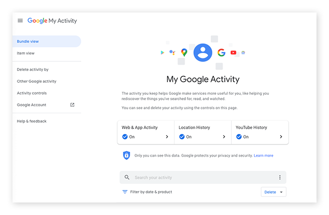 The My Google Activity page allows you to control and delete data.