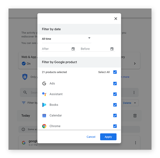 Delete your Google activity based on date range or product.