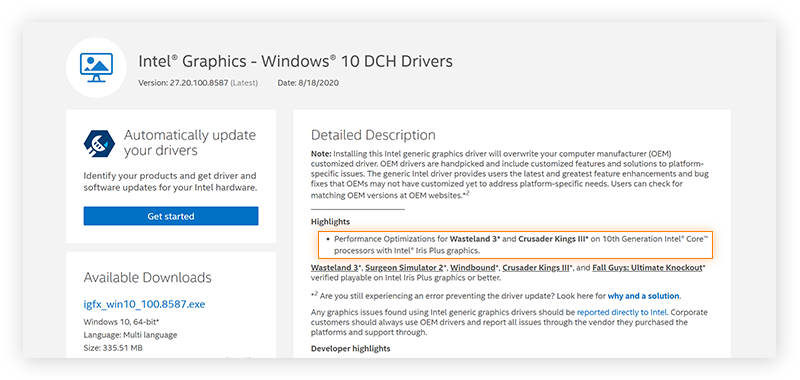 Information on Intel's graphics driver, highlighting its performance optimization features.