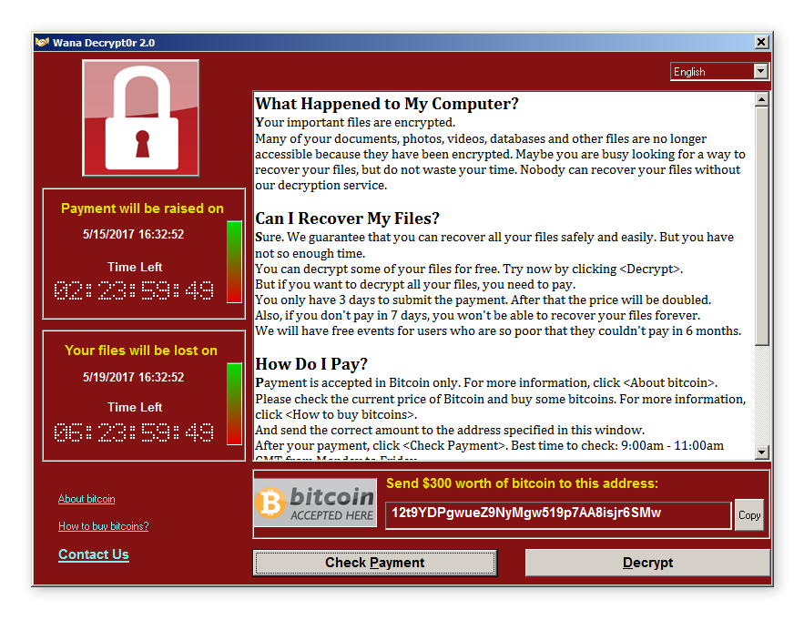 Lösegeldforderung von WannaCry. Nachdem Sie die Ransomware-Malware beseitigt haben, bleibt aber noch das Problem der Verschlüsselung.