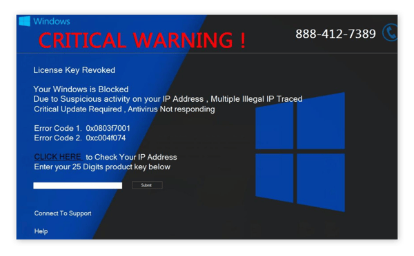 Die Bildschirmsperre „KRITISCHE WARNUNG!“ sieht wie eine offizielle Windows-Meldung aus, aber Microsoft gibt in seinen Warnungen nie Telefonnummern an. 