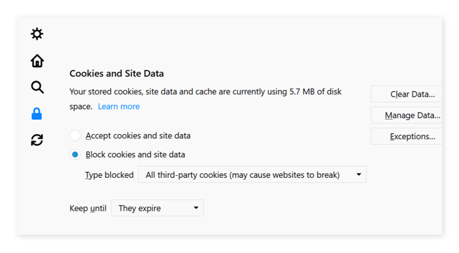 Blocking cookies in Firefox