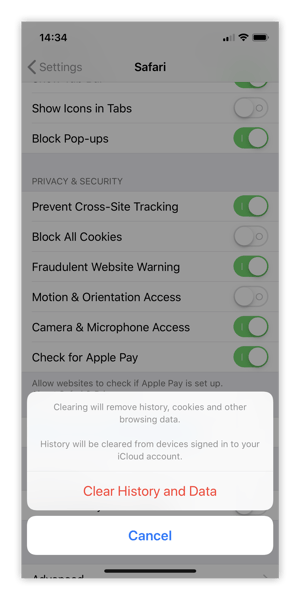 Clearing browsing cookies on iOS
