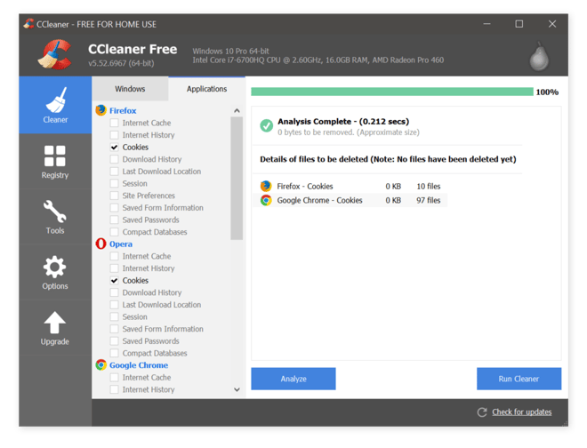 CCleaner browser and cookie cleaner