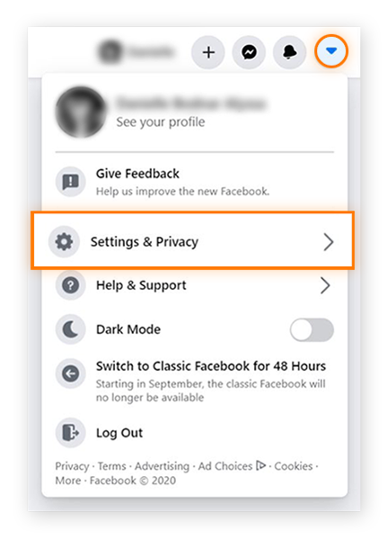 Screenshot of the Facebook homepage dropdown menu, with "Settings & Privacy"