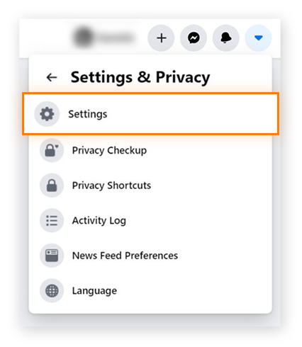 Captura de tela do menu Configurações e privacidade do Facebook, com "Configurações" em destaque