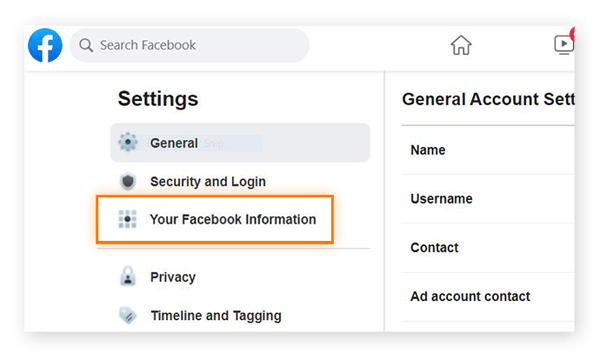 Captura de pantalla de una parte de la página «Configuración» de Facebook con la opción «Tu información de Facebook» resaltada