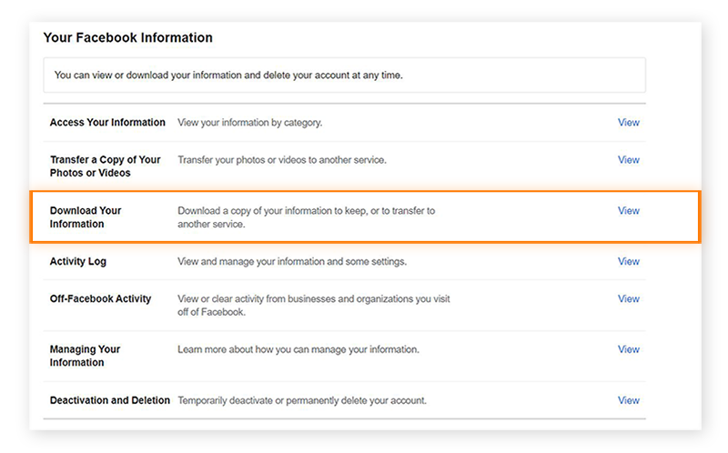 Alt text: Screenshot of the "Your Facebook Information" page in Facebook Settings, with "Download Your Information"