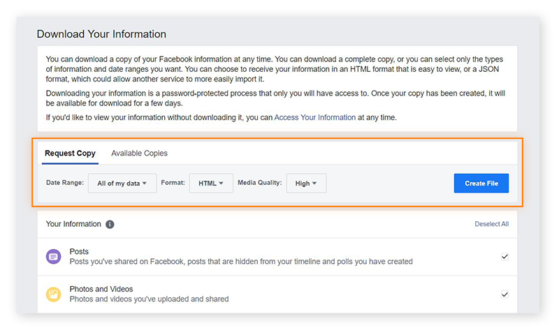 Captura de tela da página "Baixar suas informações" no Facebook