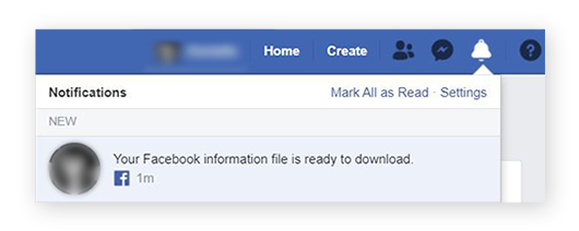 Captura de tela da janela informando que seu arquivo de dados do Facebook está pronto para download