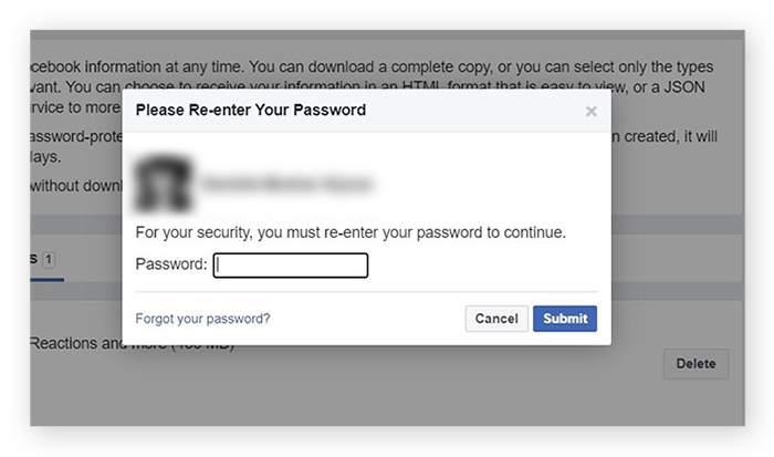 Capture d’écran de l’invite de mot de passe de Facebook