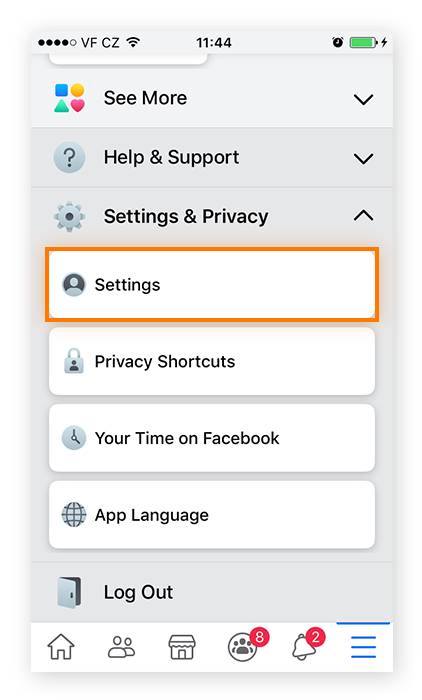 Menu Configurações e privacidade do Facebook no dispositivo móvel, com "Configurações"