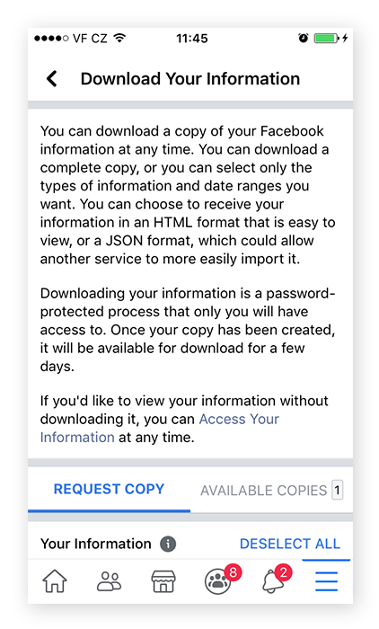 Captura de pantalla de la página «Descargar tu información» en Facebook para móviles