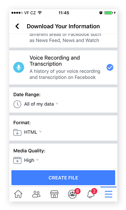 Screenshot des unteren Bereichs der Seite „Deine Informationen herunterladen“ in der Facebook-App, wo Sie das Format der herunterzuladenden Daten auswählen können
