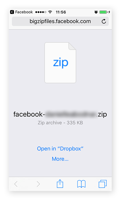 Screenshot von Dropbox in Safari auf einem iPhone mit der Option zum Hinzufügen der heruntergeladenen Informationen