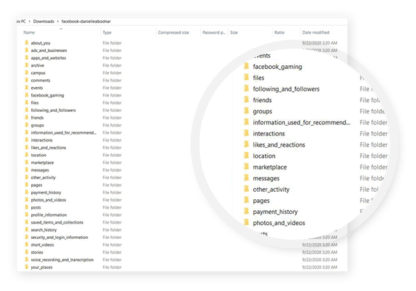 Screenshot of a list of all the folders of Facebook data