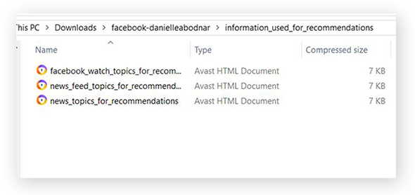 Capture d’écran des fichiers dans le dossier Information Used for Recommendations
