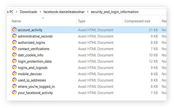 Captura de tela dos arquivos dentro da pasta "Segurança e informações de login"