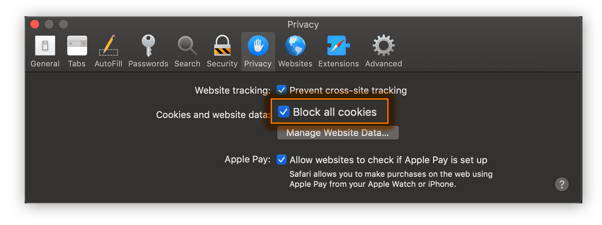Turning cookies on or off on Safari under macOS