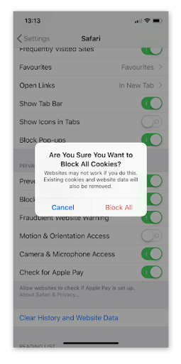 Blocking cookies under iOS