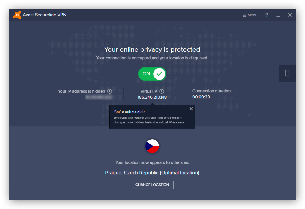 Usar o Avast SecureLine VPN para ocultar seu endereço IP com um endereço IP virtual