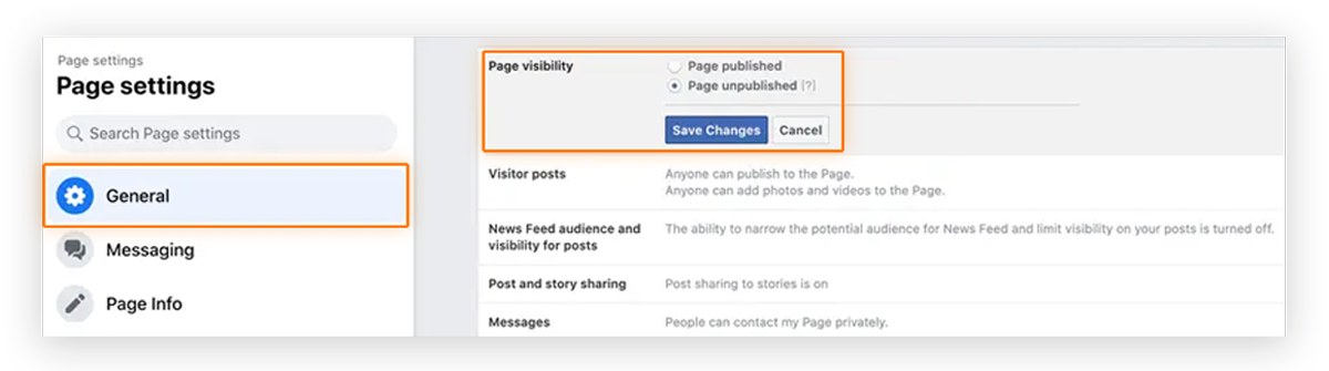 Screenshot of user clicking 'Save Changes' on 'Page Visibility' option in Facebook Page Settings