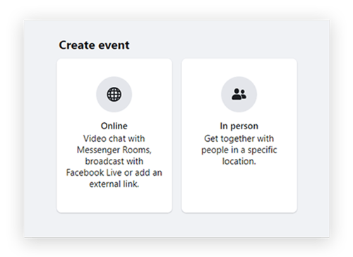 Screenshot showing the options on to make a Facebook business event 'Online'' or 'In Person'.