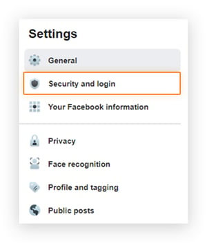 Screenshot showing the location of the 'Security and Login' option in the Facebook Business page 'Settings' menu