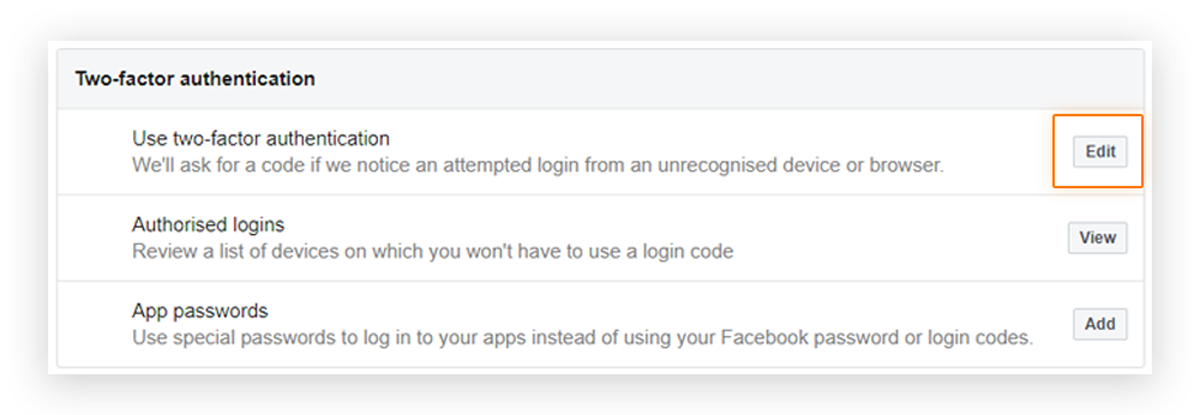Screenshot showing the location of the two-factor authentication 'Edit' options in a Facebook Business page menu