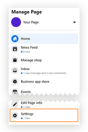 Screenshot of user finding 'Settings' option from the 'Manage page' menu