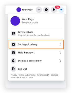 Screenshot showing the location of the 'Settings & Privacy' options in the Facebook Business page menu