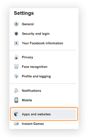 Screenshot showing the location of the 'Apps and websites' menu options in the Facebook Business page 'Settings' menu
