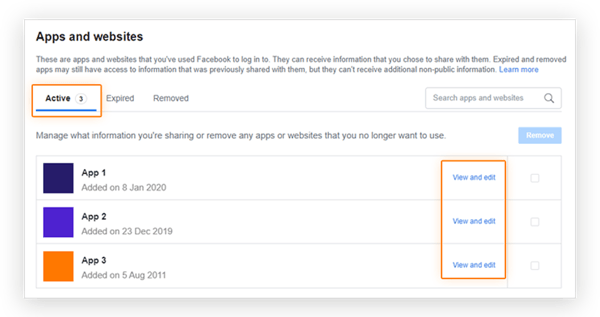 Screenshot showing the location of the 'Active' apps tab and 'view and edit' menu options in the Facebook Business page 'Apps and websites' menu