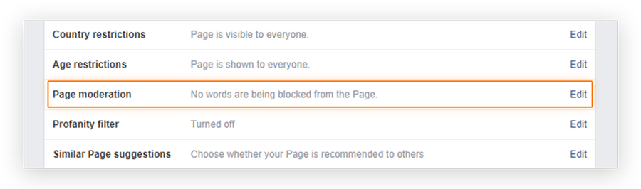 Screenshot showing the location of the Page moderation 'Edit' option in the Facebook Business page 'Manage Page Settings' menu