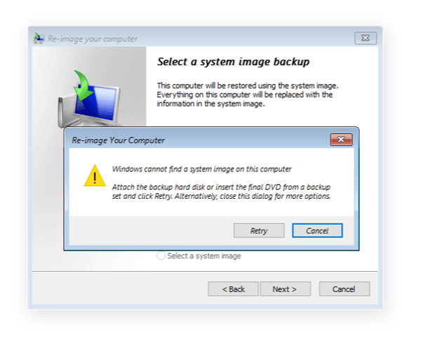 Accessing the system image backup screen