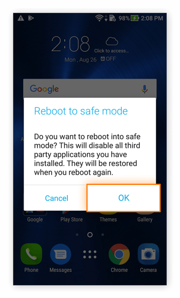 Rebooting to safe mode from the Power menu in Android 7.0