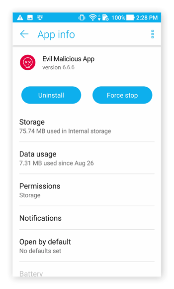 The App info menu in Android 7.0