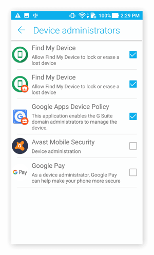 The Device Administrators menu in Android 7.0