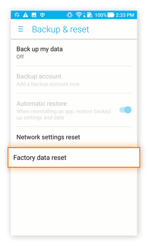 The Backup & reset menu in the Settings of Android 7.0